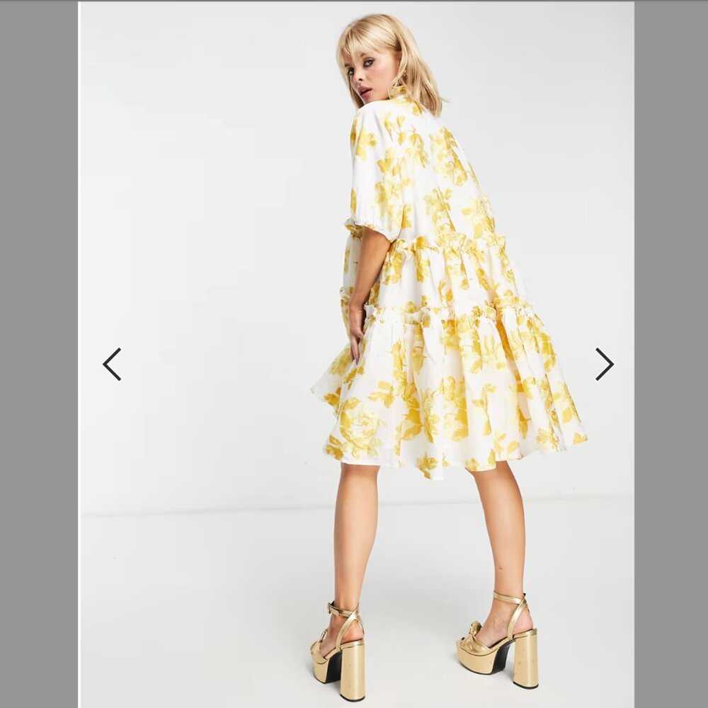 Dream Sister Jane oversized jacquard smock dress in golden yellow floral - Picture 3 of 5